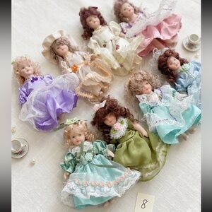 Lot Of 8 Vintage Porcelain Mini Dolls- Victorian Style Collection W Lace Dresses